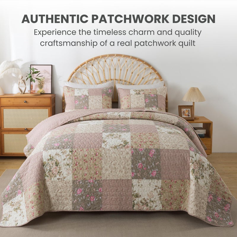 SLPR Secret Garden Patchwork Cotton Pieced Quilt Set - Twin with 1 Sham, Country Shabby Chic Bedding with Flower Pattern, Pink Floral Farmhouse Quilted Bedspread for All Seasons - Image 2